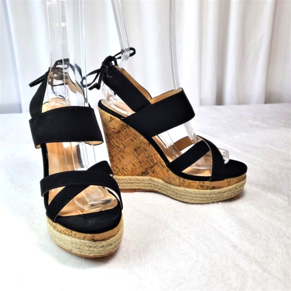 Black Cork Espadrille Wedge Platform Heels